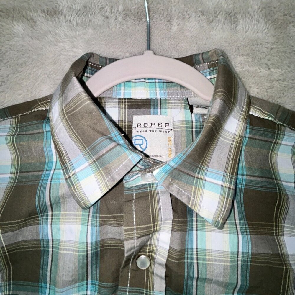 Roper Shirt Gray Teal Plaid Pearl Snap Long Sleeve Mens/Boys XL Chest 36" - Picture 5 of 9